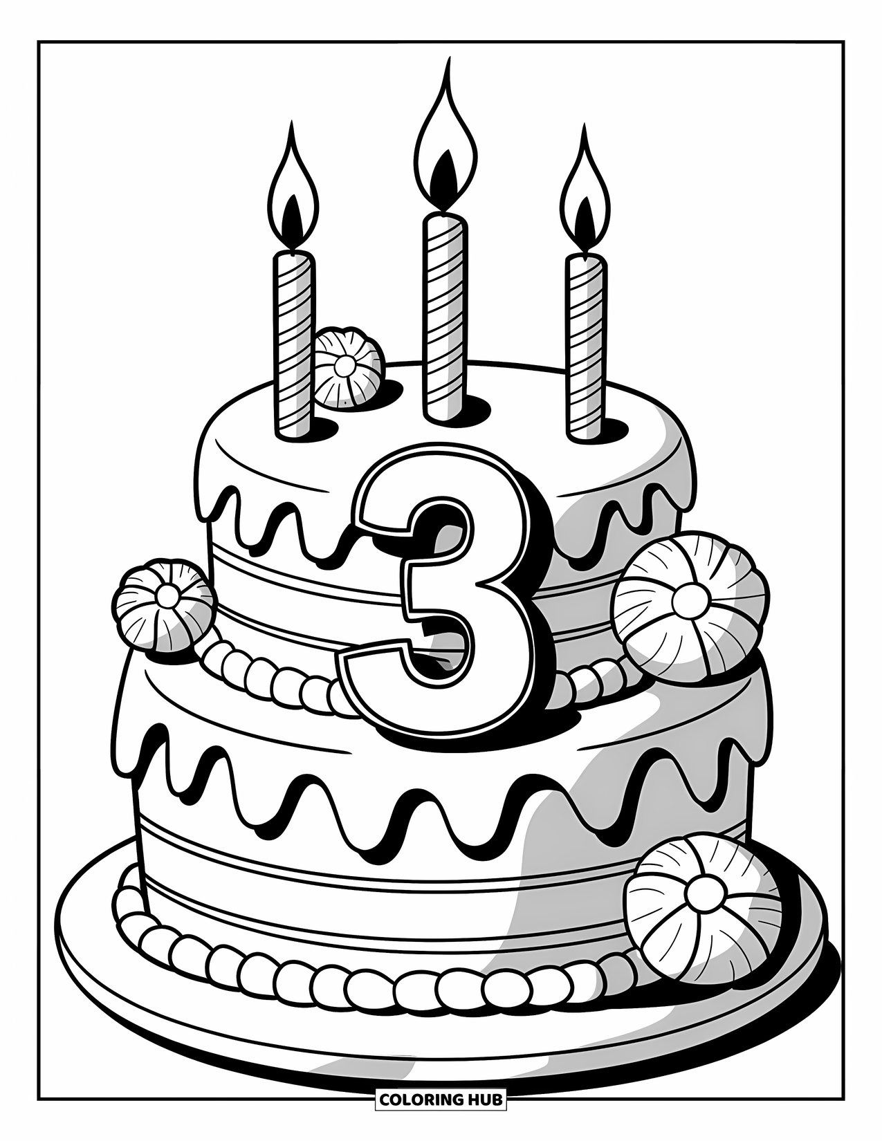 Birthday Cake Coloring Page for Kids: A birthday cake with a "3" and frosting flowers feels sweet and joyful