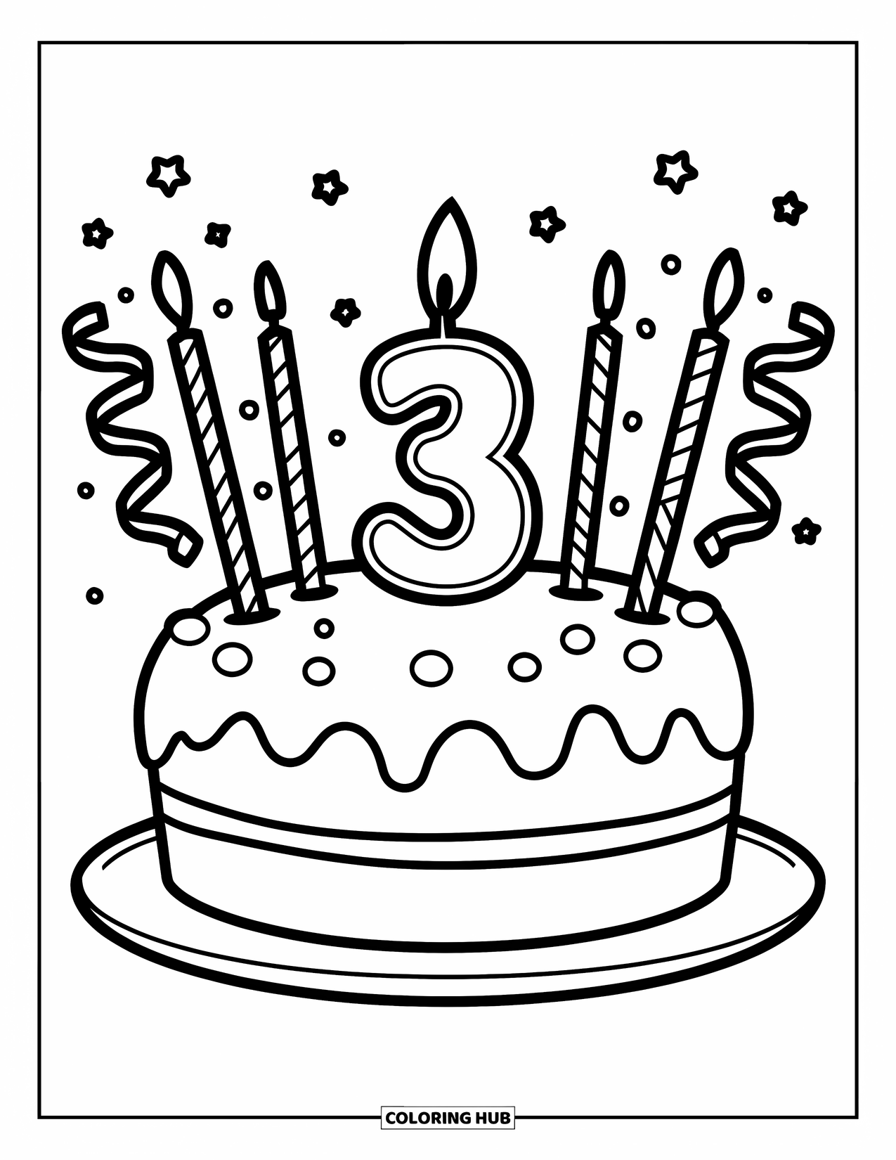 Birthday Cake Coloring Page for Kids: A birthday cake with a "3" candle sits on a plate with streamers beside it