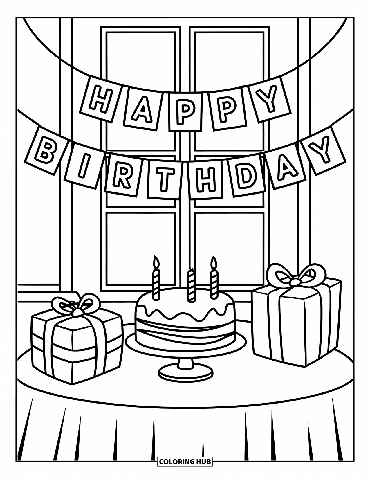 Birthday Cake Coloring Page for Kids: A birthday table with cake, gifts, and a "Happy Birthday" bunting hangs in a cozy room
