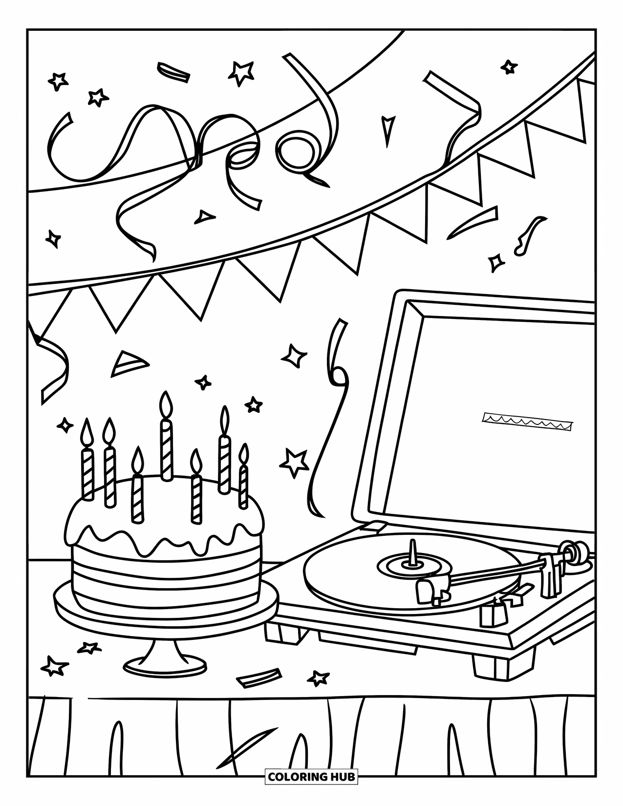 Birthday Cake Coloring Page for Kids: A cake, record player, and streamers bring this birthday celebration table to life