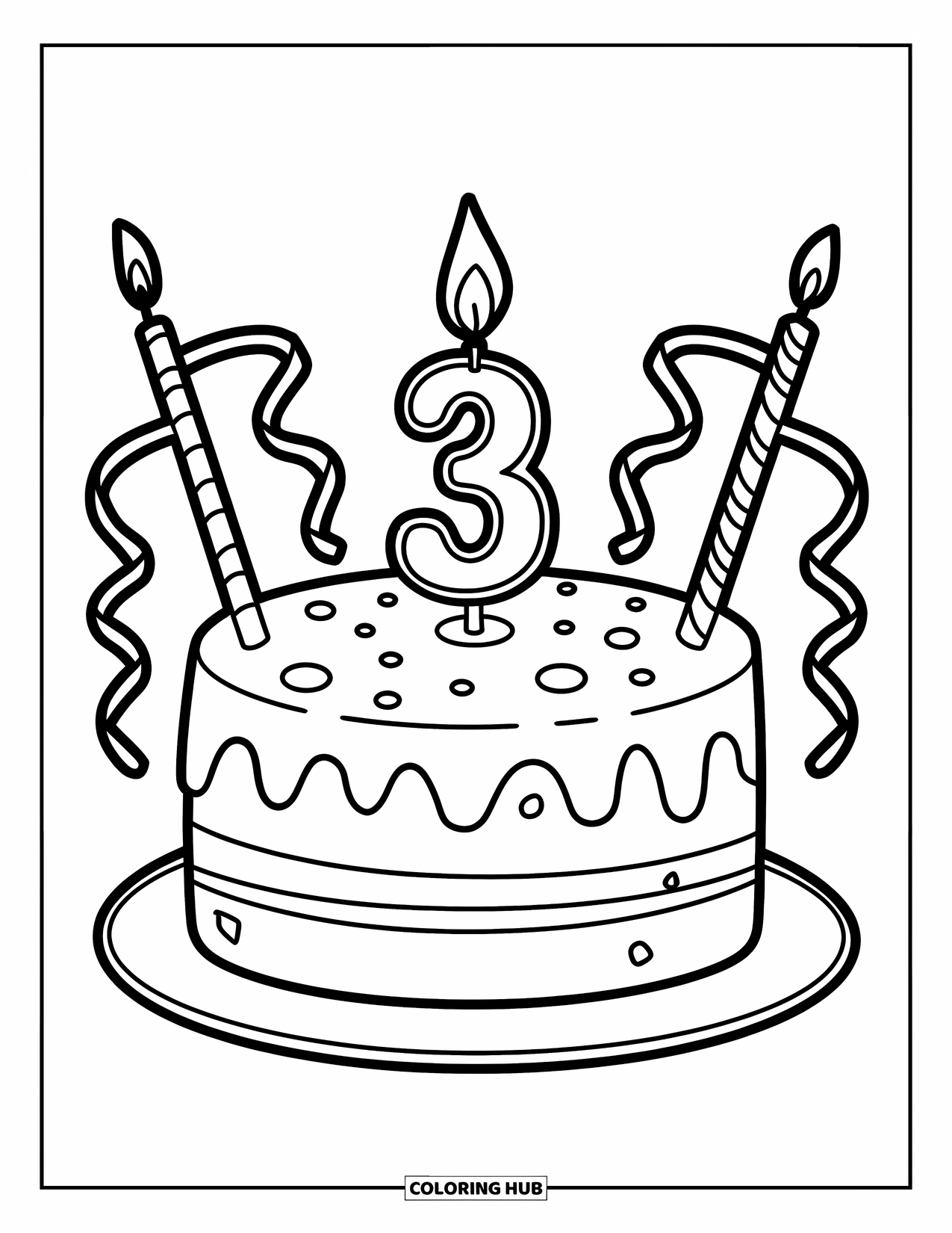 Birthday Cake Coloring Page for Kids: A cake with a "3" candle and two streamers brings a festive feel