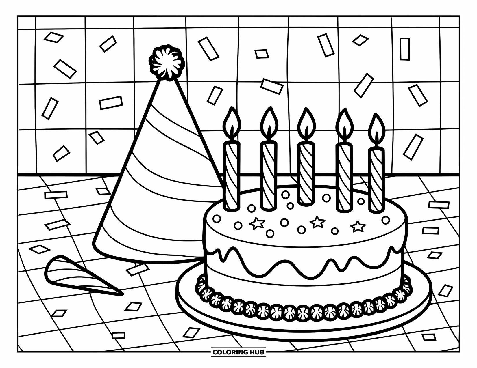 Birthday Cake Coloring Page for Kids: A cake with candles, confetti, and a checkered floor gives off party vibes