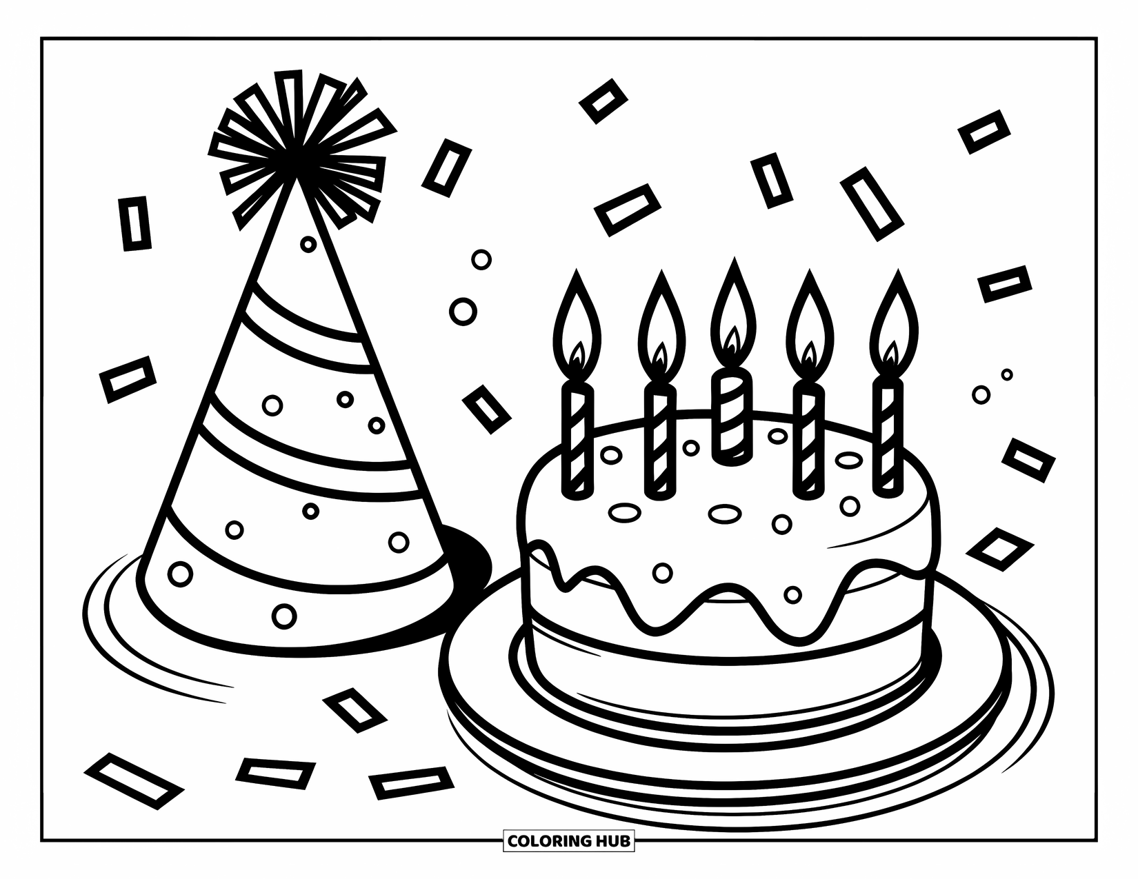 Birthday Cake Coloring Page for Kids: A cake with candles, confetti, and a party hat brings simple birthday joy