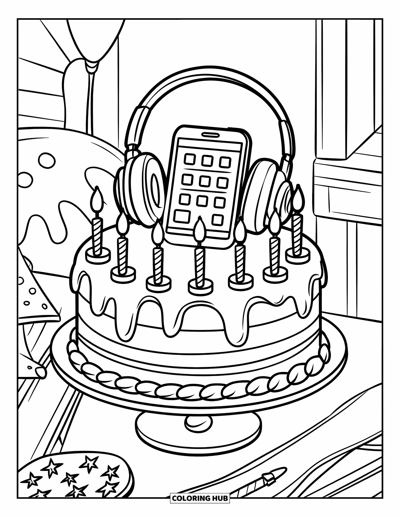 Birthday Cake Coloring Page for Kids: A cake with phone and headphone toppers stands on a table with lit candles