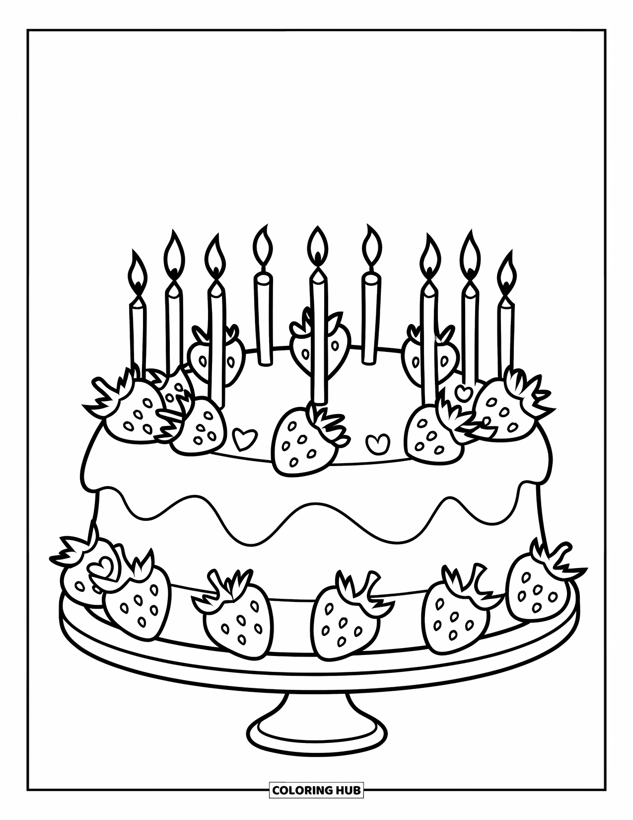 Birthday Cake Coloring Page for Kids: A cake with strawberries and heart toppers stands with candles on a festive stand