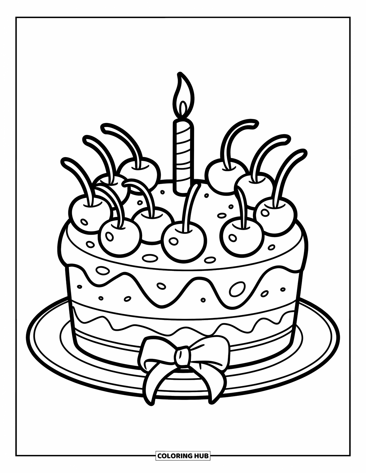 Birthday Cake Coloring Page for Kids: A cherry-topped cake with a ribbon base and a candle sits on a plate