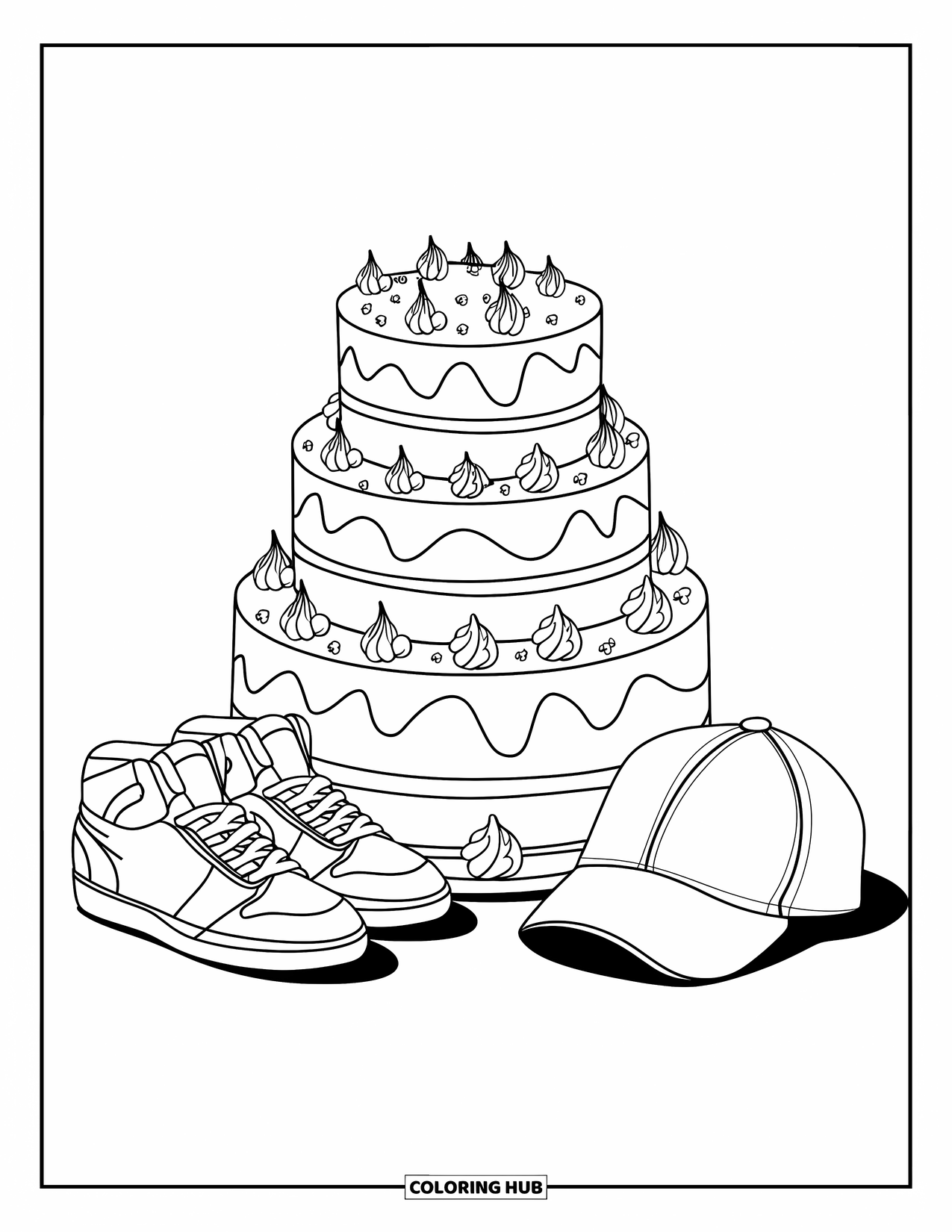 Birthday Cake Coloring Page for Kids: A cool cake with sprinkles, sneakers, and a cap sets the party mood