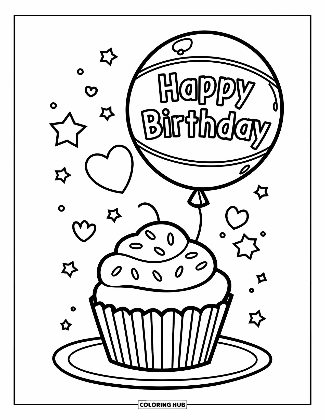 Birthday Cake Coloring Page for Kids: A cupcake with sprinkles sits on a plate with a balloon and floating stars around it