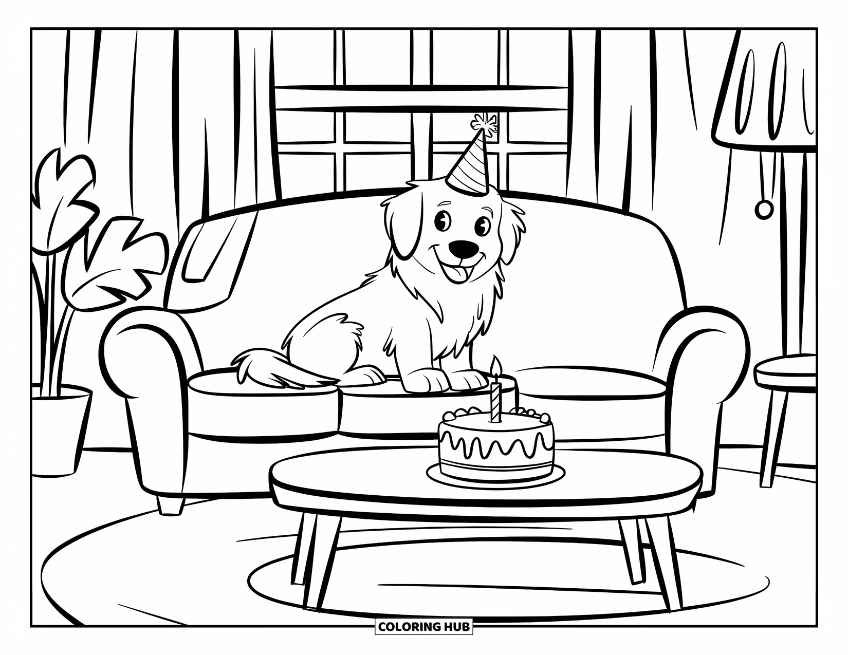 Birthday Cake Coloring Page for Kids: A cute dog with a party hat sits on a couch beside a cake on the table