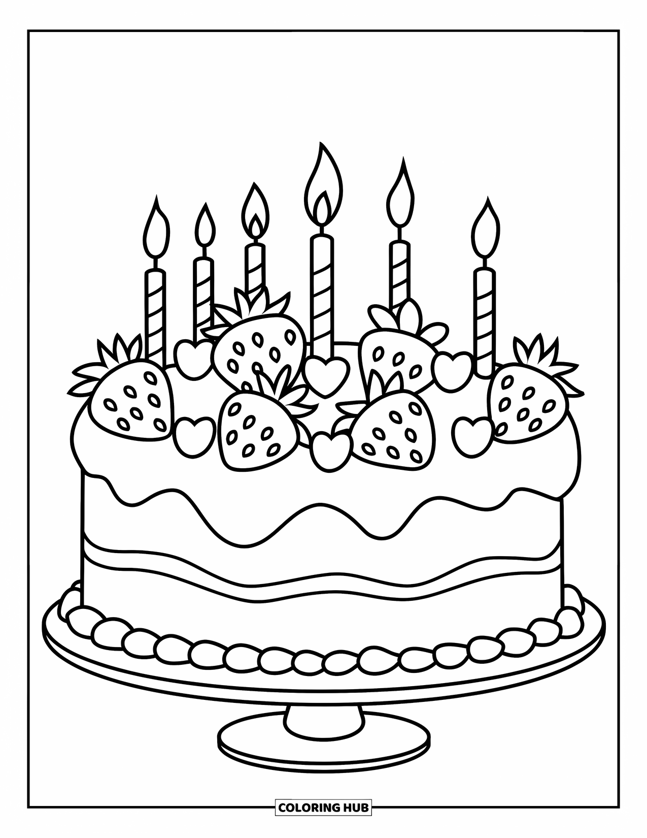 Birthday Cake Coloring Page for Kids: A festive cake with strawberries, tiny hearts, and candles sits on a stand
