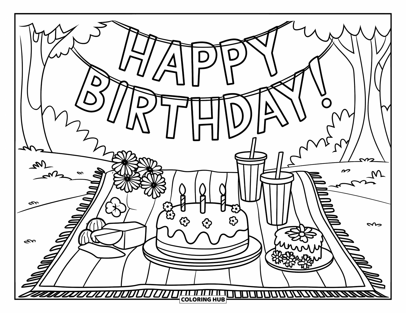 Birthday Cake Coloring Page for Kids: A festive picnic with a cake, drinks, flowers, and a birthday banner in the park