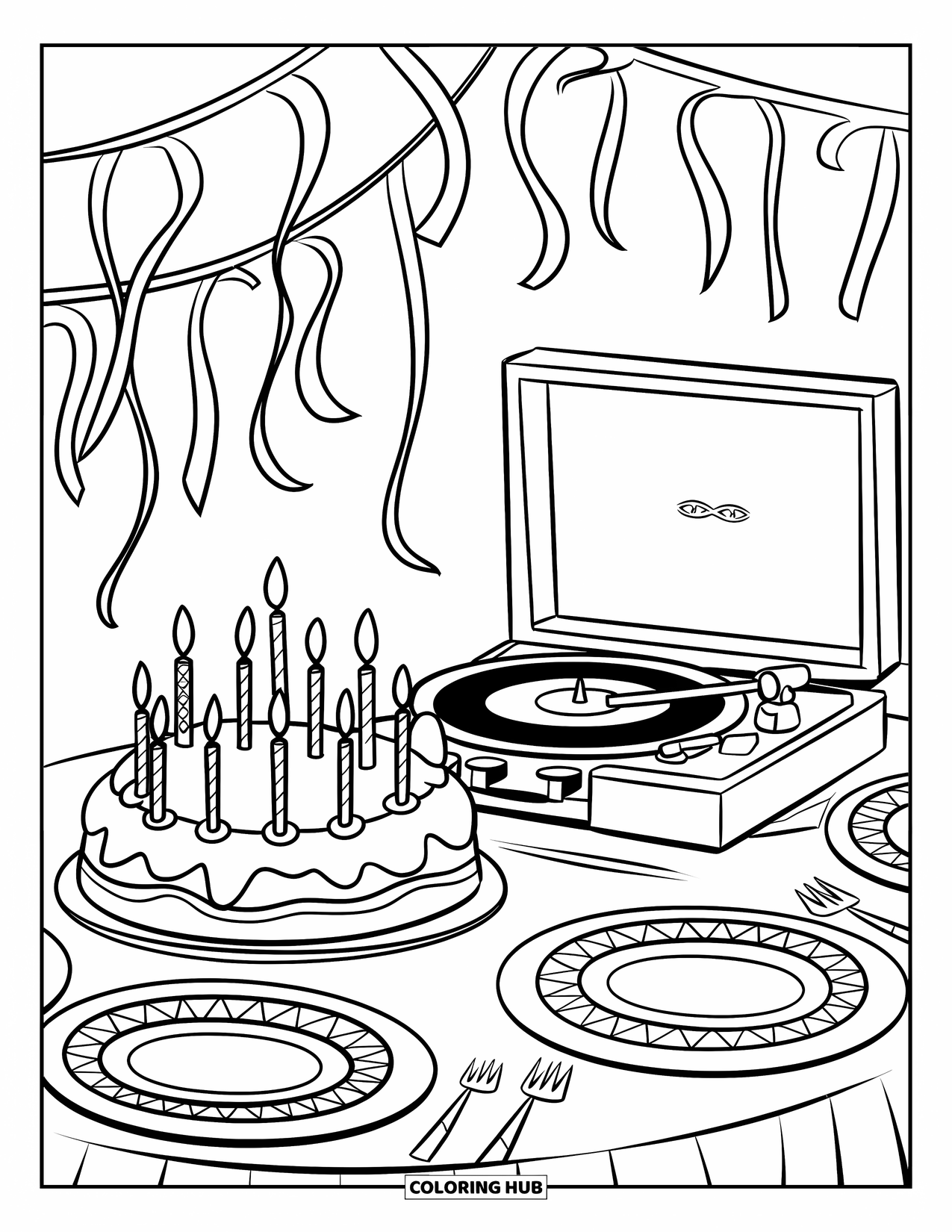 Birthday Cake Coloring Page for Kids: A festive table features a candlelit cake, record player, plates, and hanging streamers