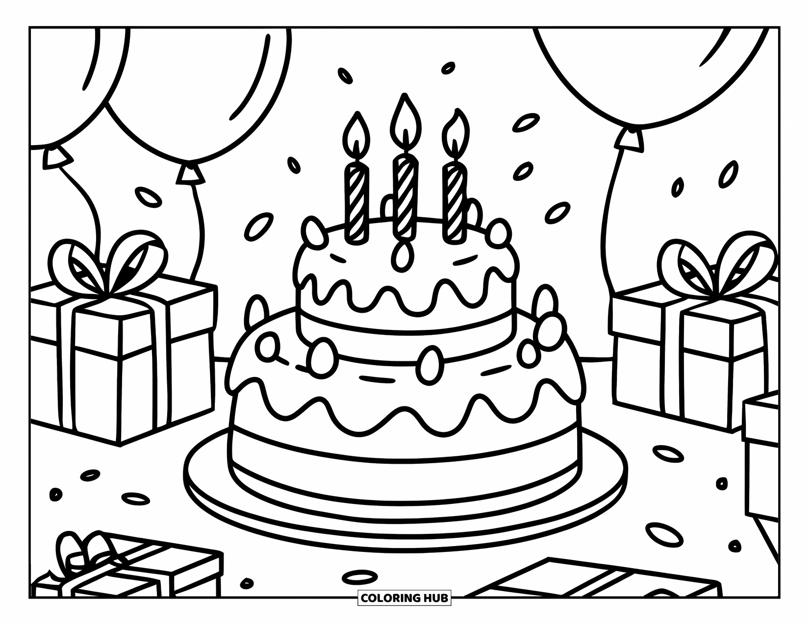 Birthday Cake Coloring Page for Kids: A festive two-tier cake with candles sits among balloons and gift boxes