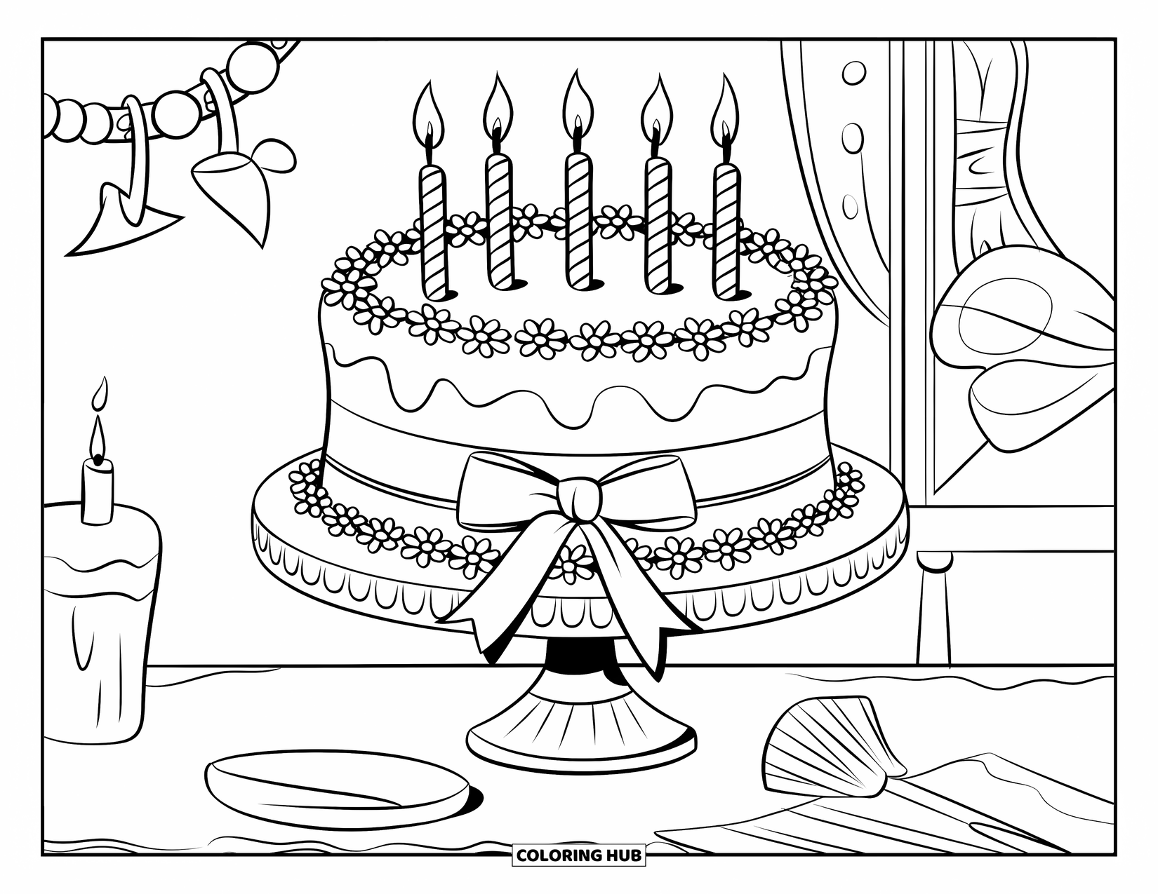 Birthday Cake Coloring Page for Kids: A floral-decorated cake with ribbon and candles stands ready in a festively decorated room