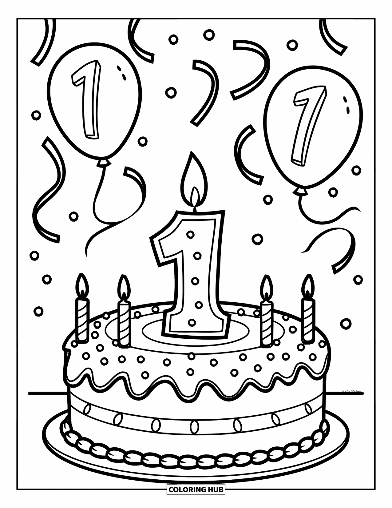 Birthday Cake Coloring Page for Kids: A frosted cake with a "1" candle and streamers floats in celebration