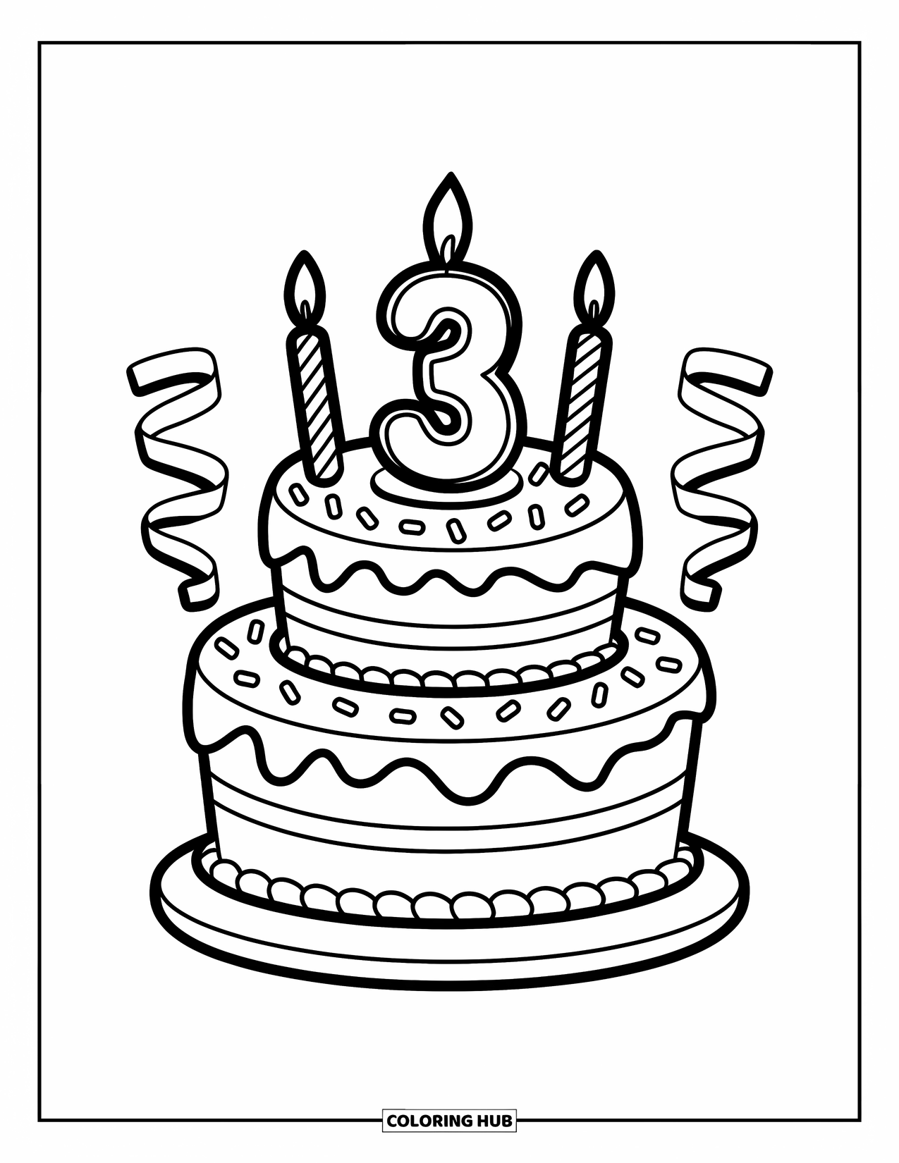 Birthday Cake Coloring Page for Kids: A frosted three-layer cake with "3" candles and streamers looks ready to party