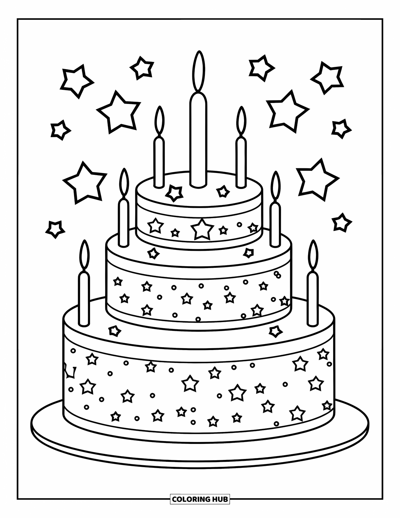 Birthday Cake Coloring Page for Kids: A galaxy-themed cake with star decorations sits surrounded by scattered stars