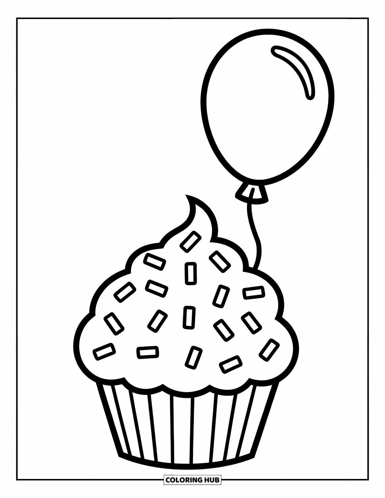 Birthday Cake Coloring Page for Kids: A happy cupcake with sprinkles and a floating balloon makes everything feel festive