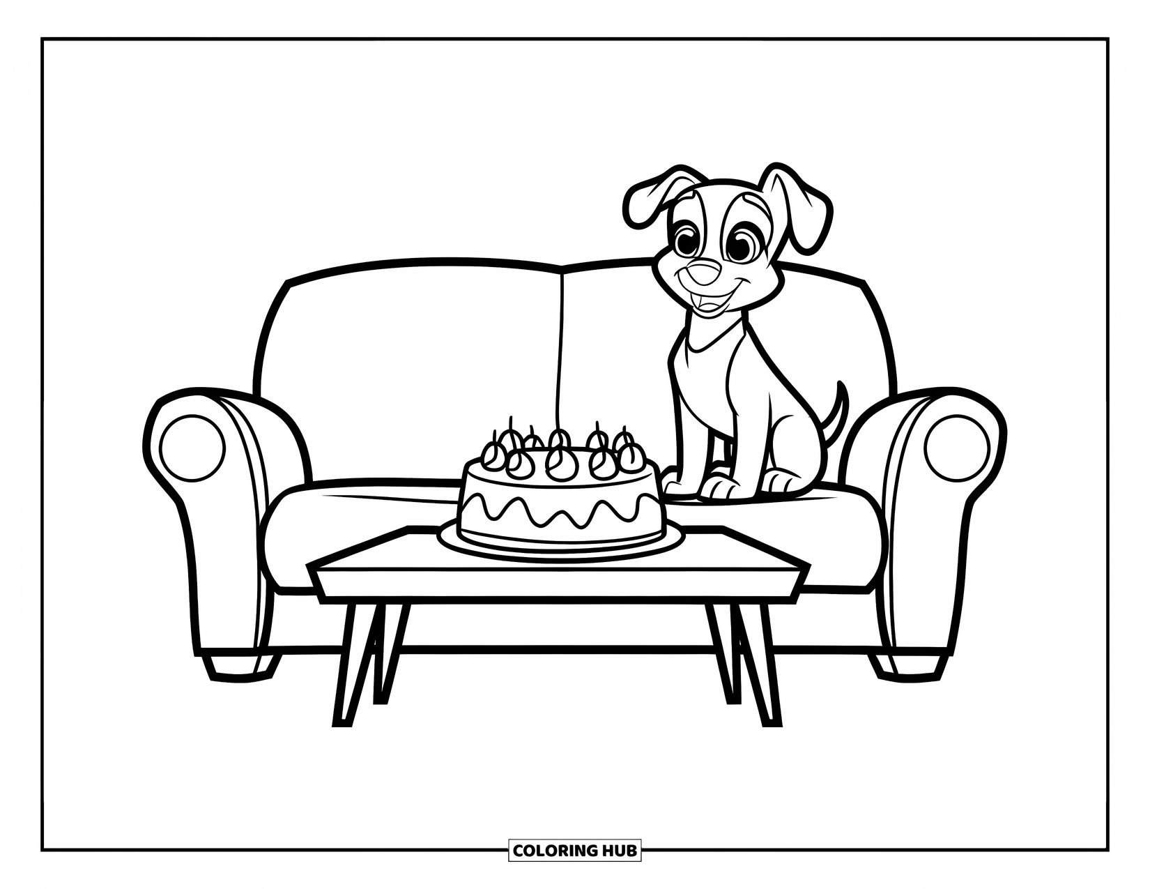 Birthday Cake Coloring Page for Kids: A happy dog wearing a party hat sits on a couch with a birthday cake nearby