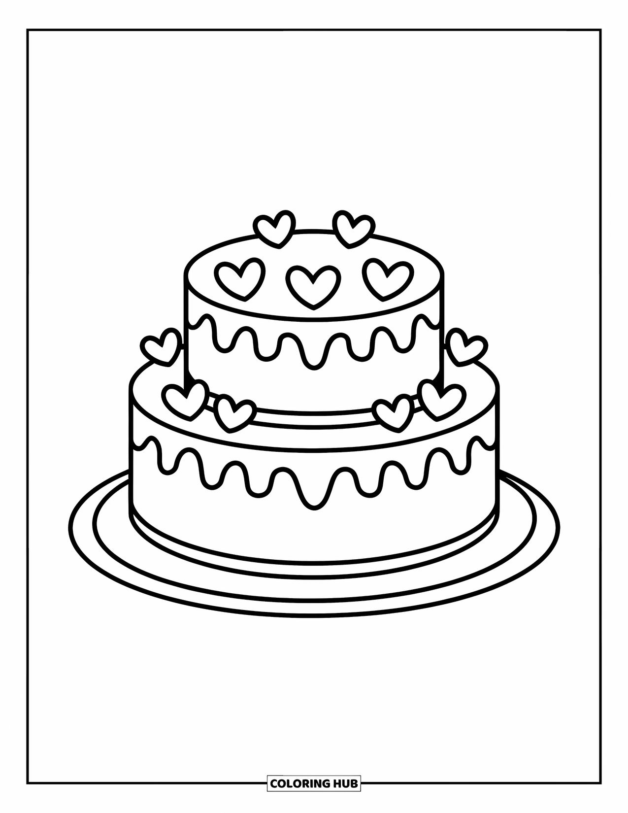 Birthday Cake Coloring Page for Kids: A heart-decorated cake with a candle rests on a round plate