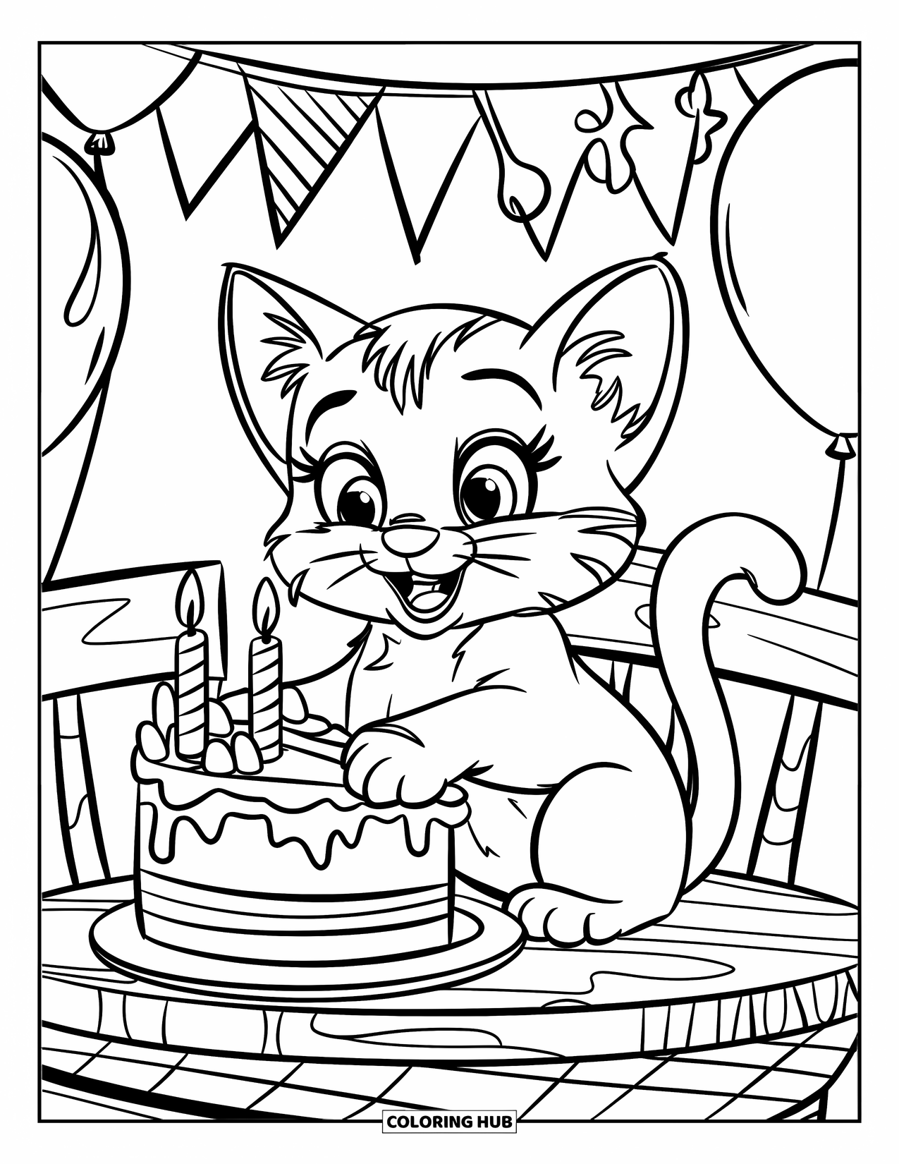 Birthday Cake Coloring Page for Kids: A kitten with birthday cake sits on a table with balloons and a banner behind
