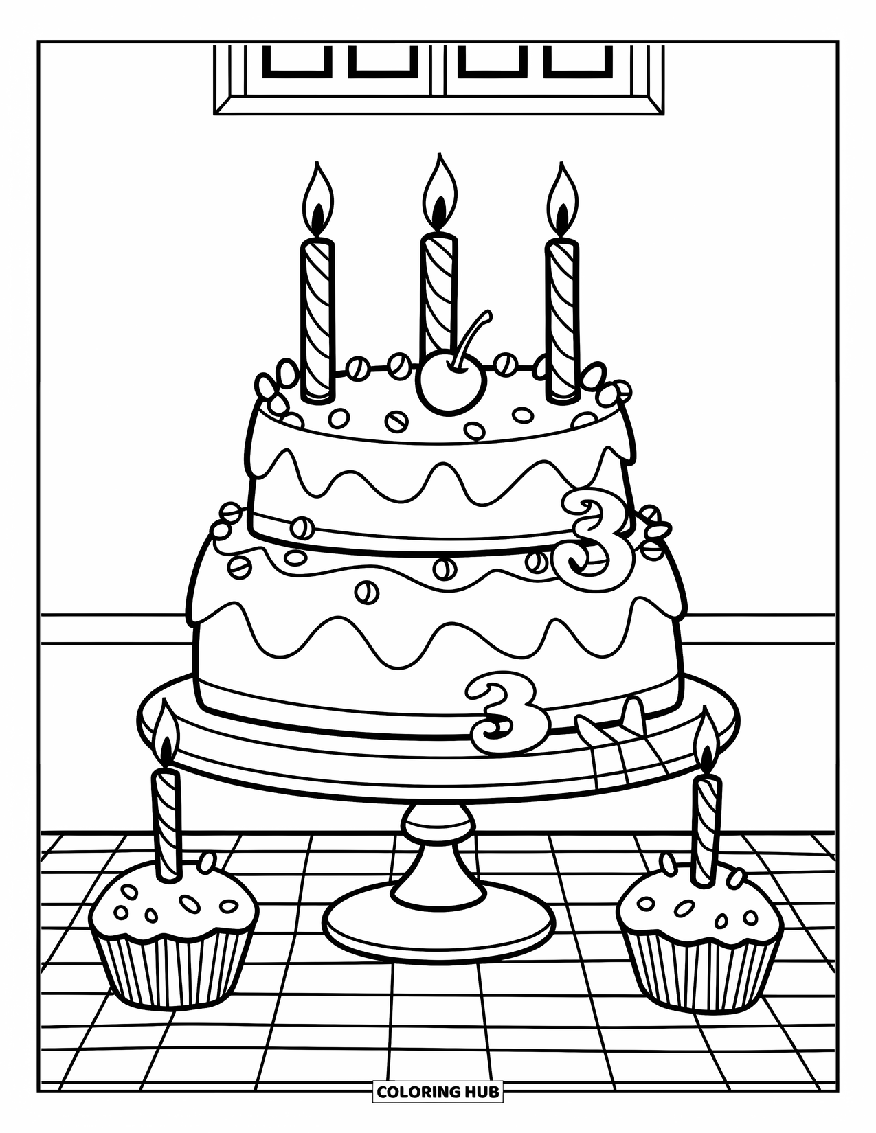 Birthday Cake Coloring Page for Kids: A layered cake with a "3" topper, cherry, sprinkles, and cupcakes sits on a stand