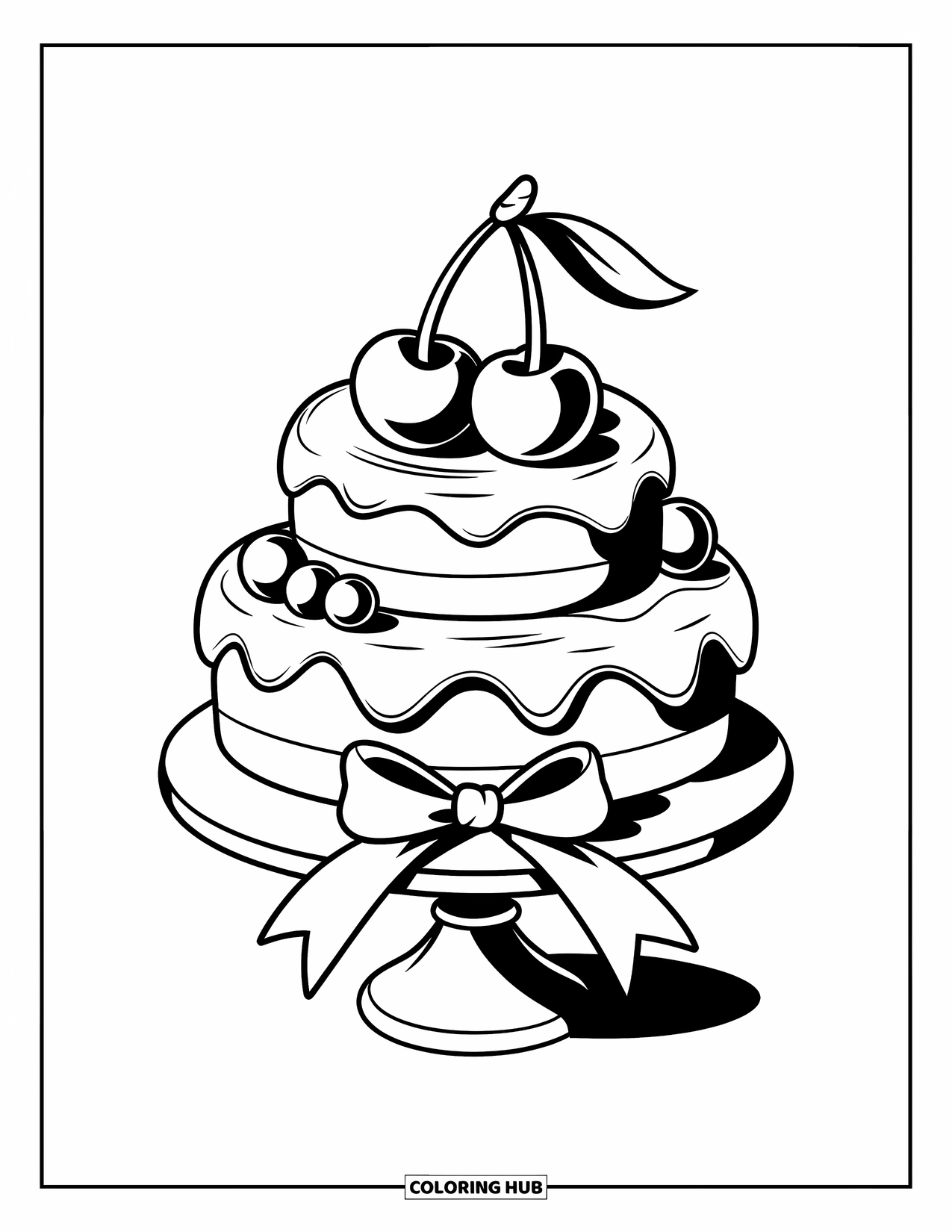 Birthday Cake Coloring Page for Kids: A layered cake with big cherries and a ribbon base stands tall on a cake stand