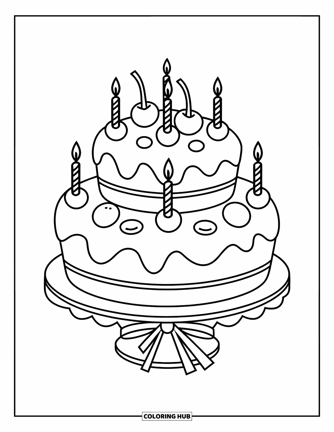 Birthday Cake Coloring Page for Kids: A layered cake with cherries and ribbon sits on a stand with birthday candles
