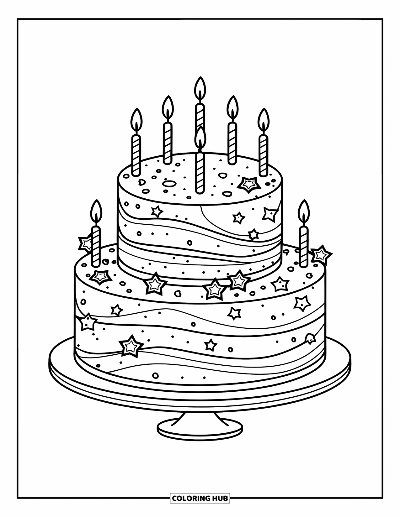 Birthday Cake Coloring Page for Kids: A layered galaxy cake with swirls, candles, and stars sits on a stand