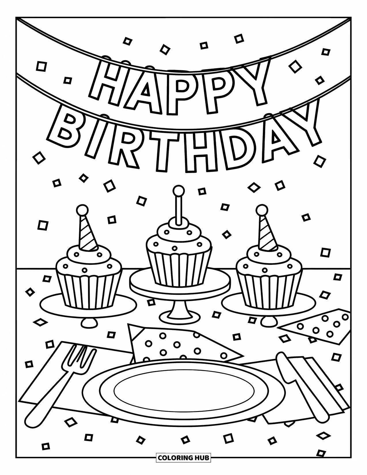 Birthday Cake Coloring Page for Kids: A party table with cupcakes, a hat on a plate, and festive banner