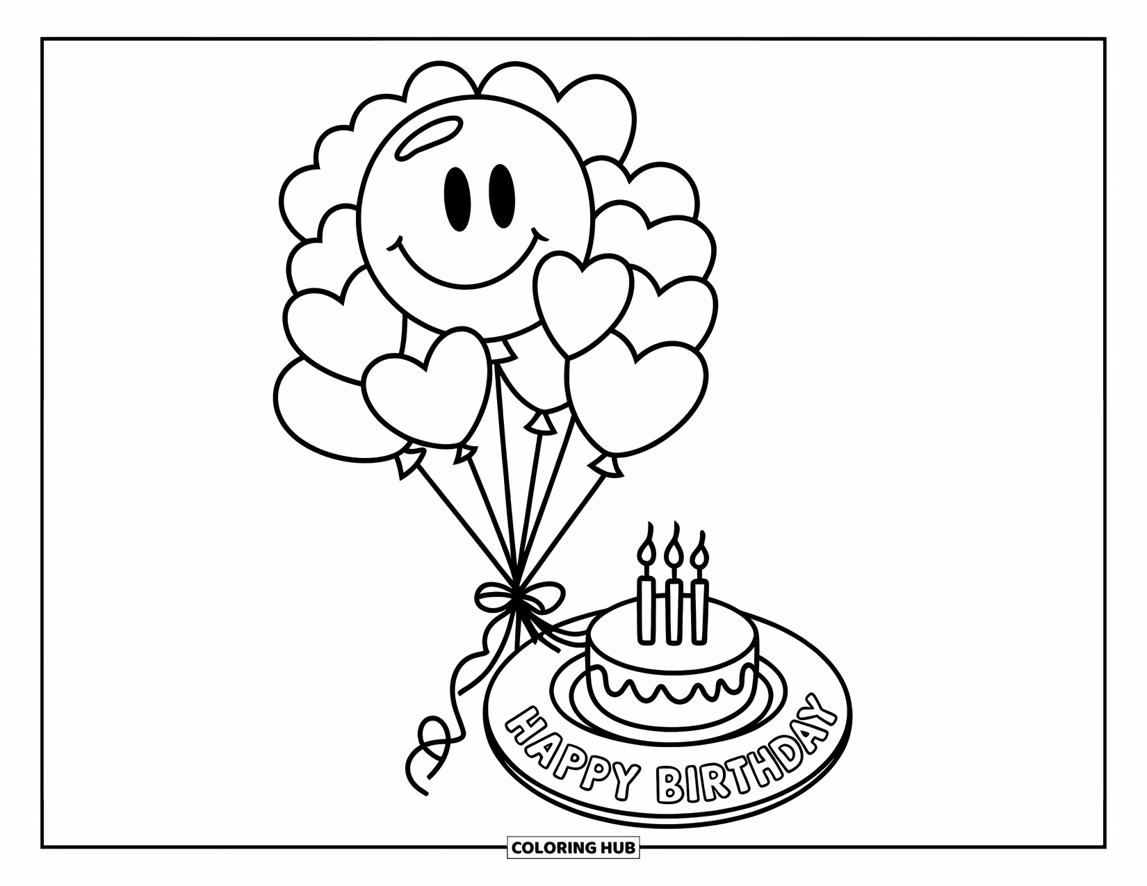 Birthday Cake Coloring Page for Kids: A smiley balloon bunch floats above a tiny cake with candles and a birthday message