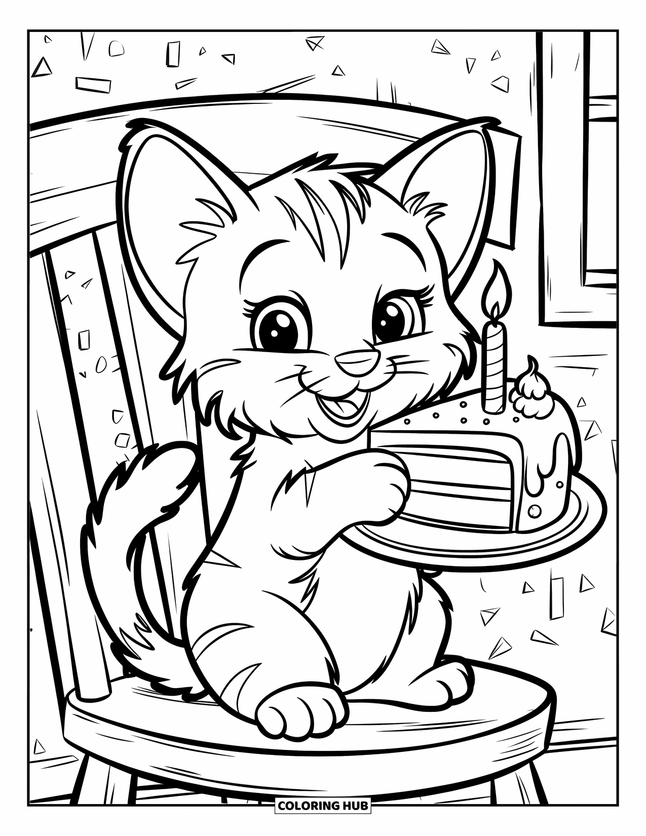 Birthday Cake Coloring Page for Kids: A smiling kitten with a cake slice sits in a bright room with a window