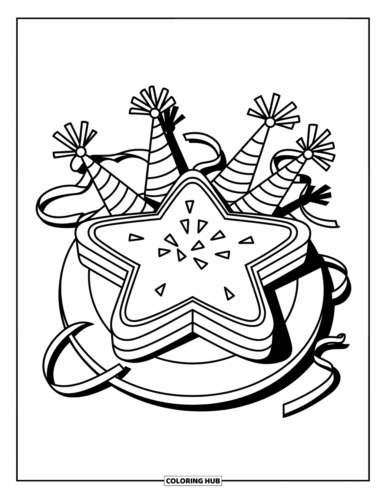 Birthday Cake Coloring Page for Kids: A smooth star cake with ribbons and horns sits neatly on a plate
