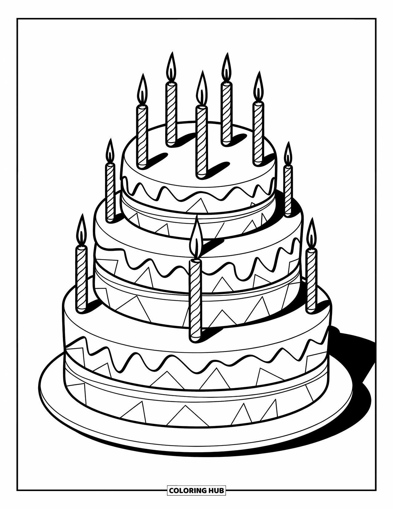 Birthday Cake Coloring Page for Kids: A stylish geometric cake with bold candles brings a cool, expressive vibe