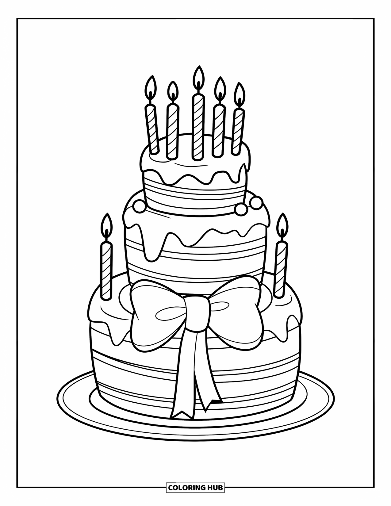 Birthday Cake Coloring Page for Kids: A tall cake with a bowtie and striped icing stands on a plate with candles