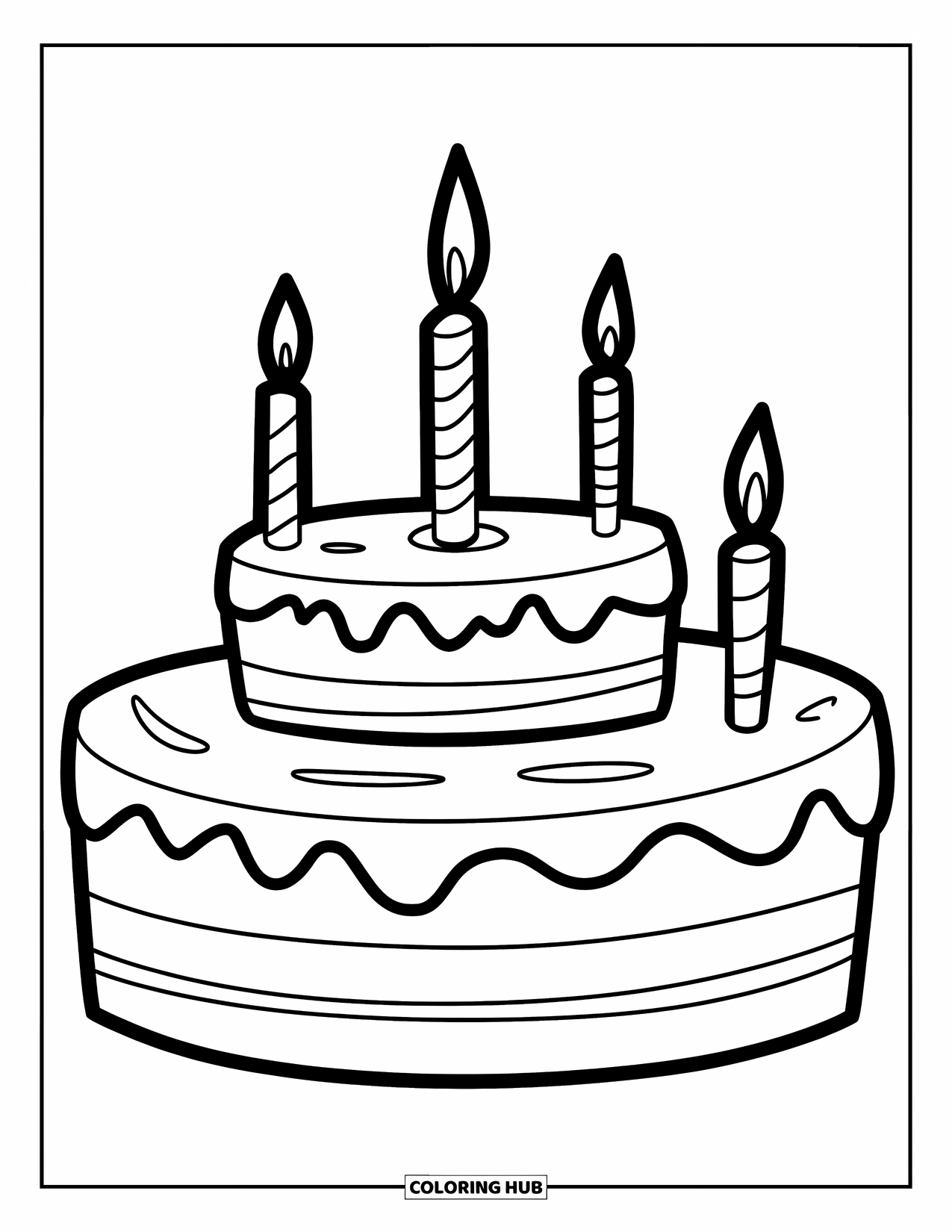 Birthday Cake Coloring Page for Kids: A tall cake with three candles and smooth frosting feels just right for a party
