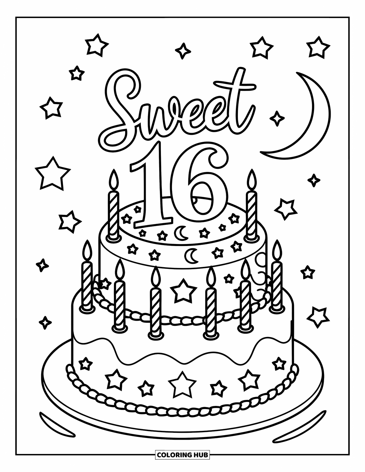 Birthday Cake Coloring Page for Kids: A tall "Sweet 16" cake with stars, moons, and candles glows under a crescent moon