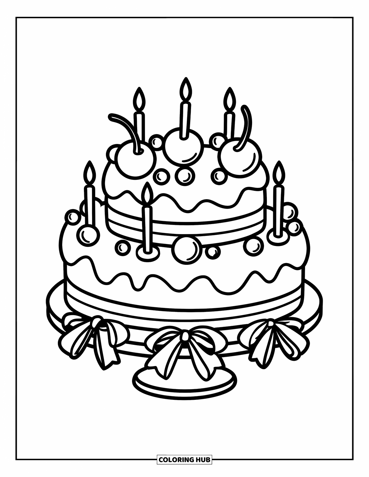 Birthday Cake Coloring Page for Kids: A three-layer cake with cherry toppings, ribbons, and candles stands tall and festive
