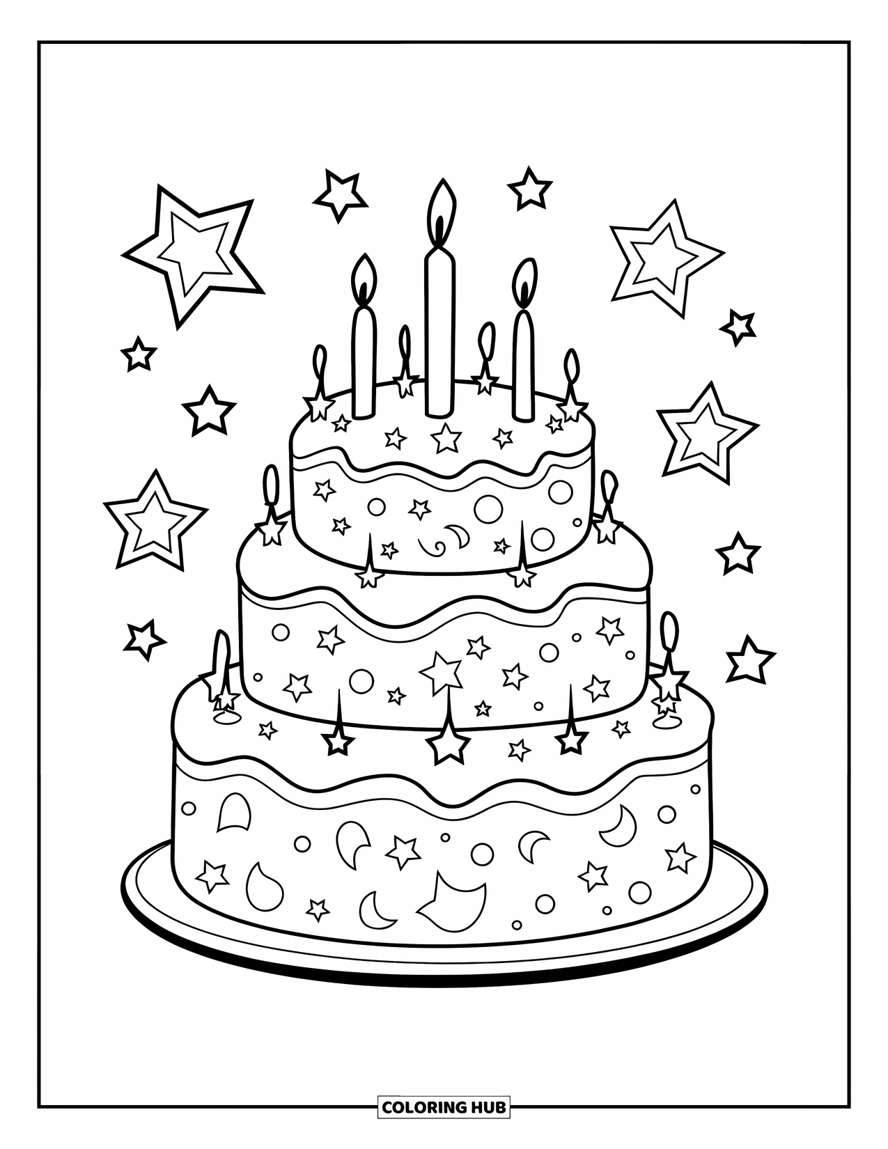 Birthday Cake Coloring Page for Kids: A three-layer galaxy cake with star toppers and scattered stars all around