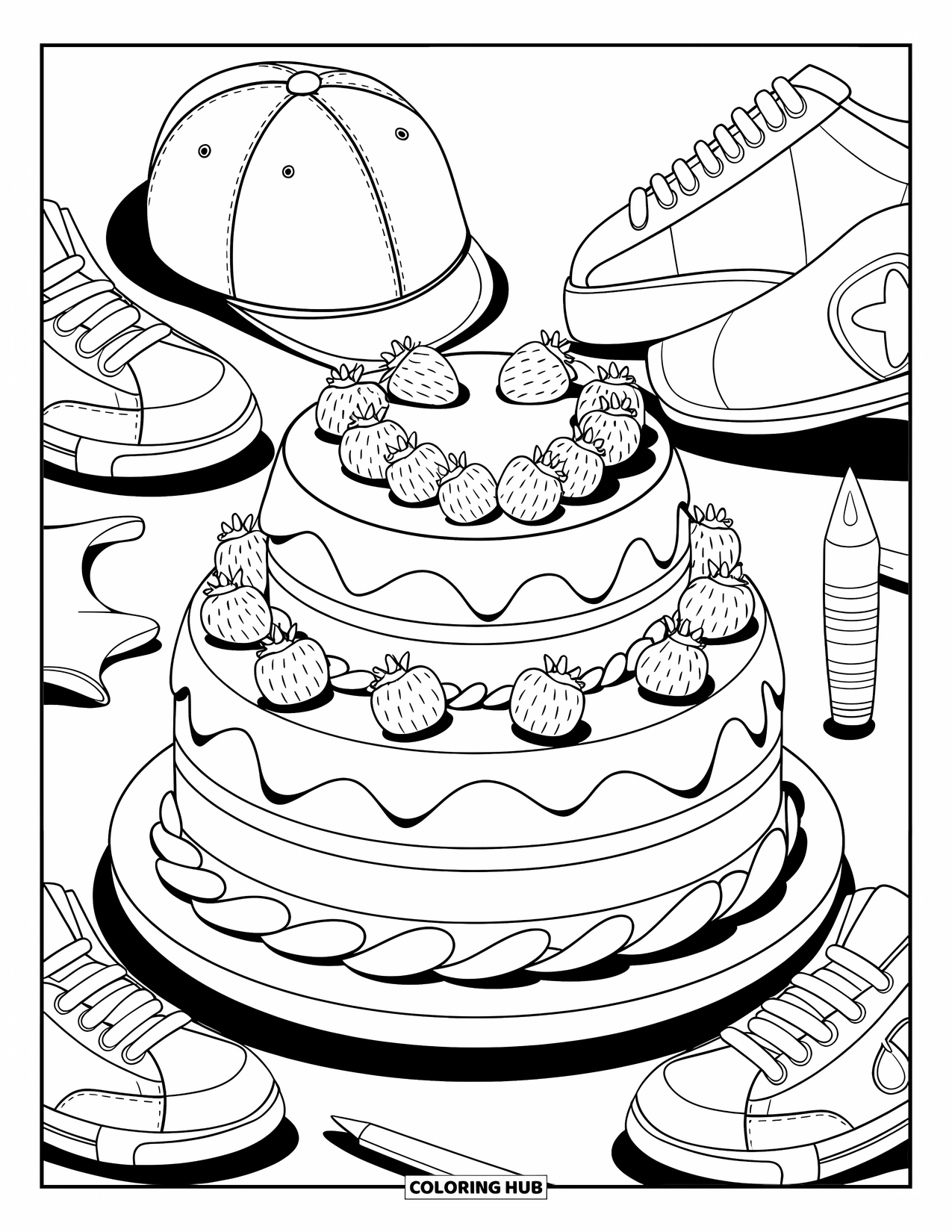 Birthday Cake Coloring Page for Kids: A trendy cake topped with strawberry heart sits beside sneakers and a cap