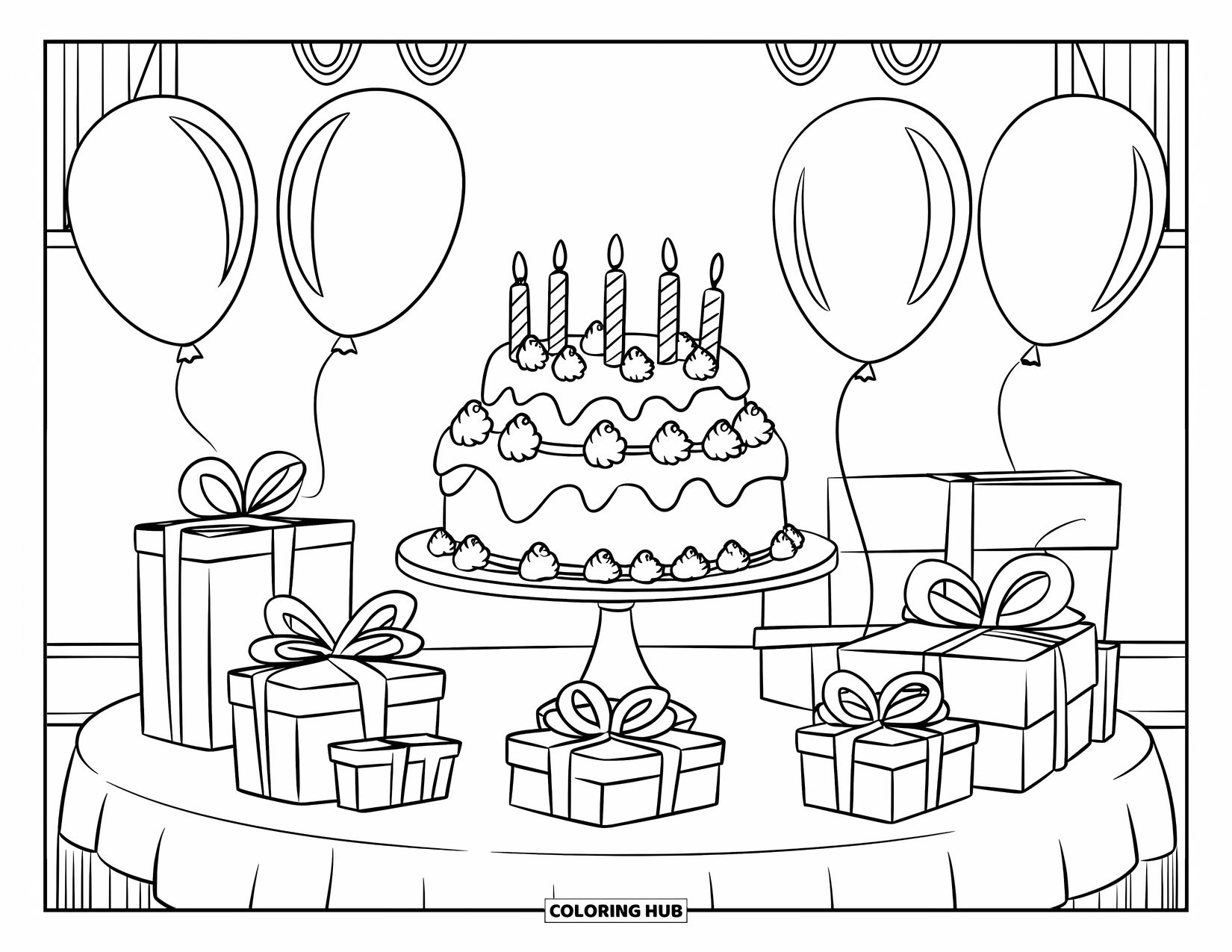 Birthday Cake Coloring Page for Kids: A two-tier cake with fondant details is surrounded by balloons and ribbon-wrapped gifts