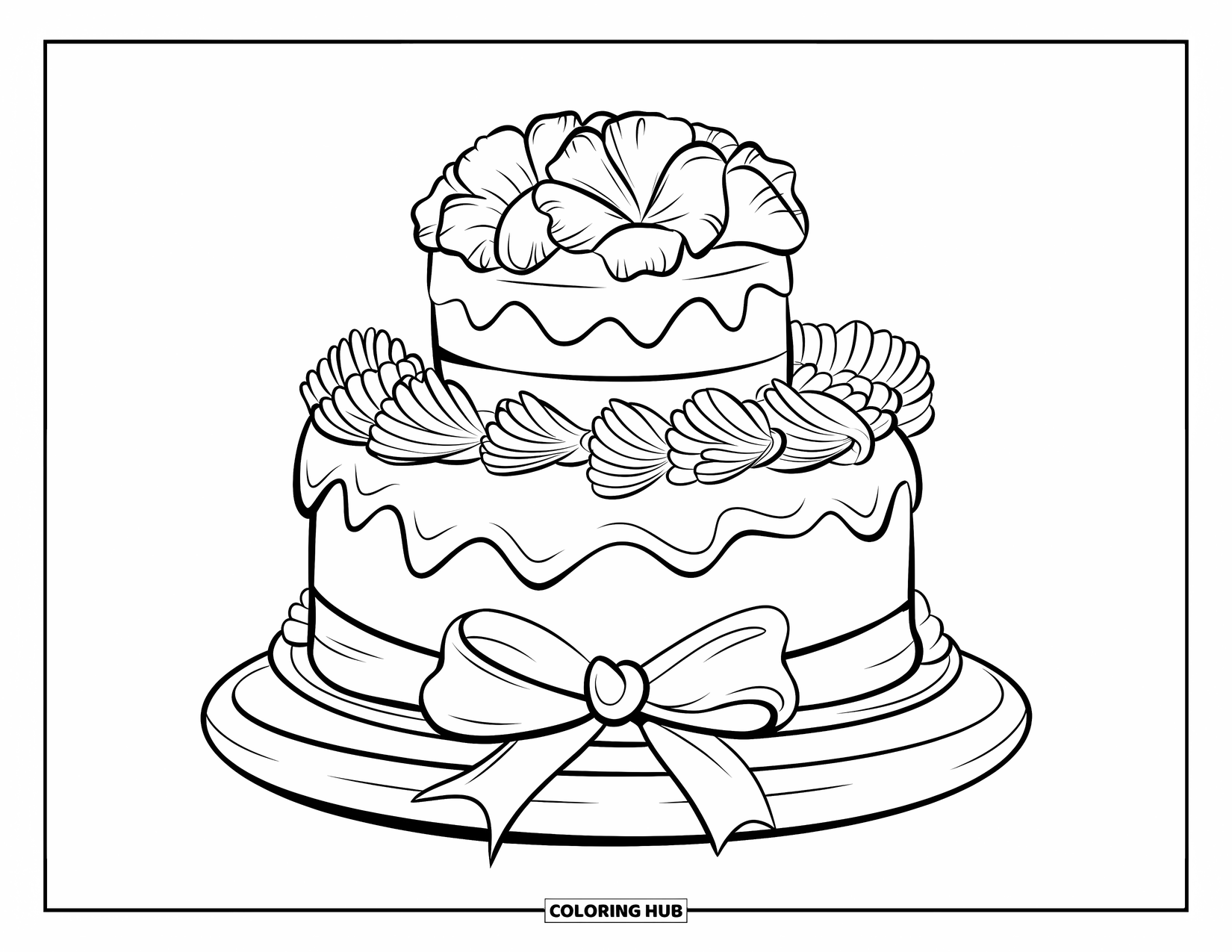 Birthday Cake Coloring Page for Kids: A vintage-style cake with floral frosting and a ribbon sits beautifully on display