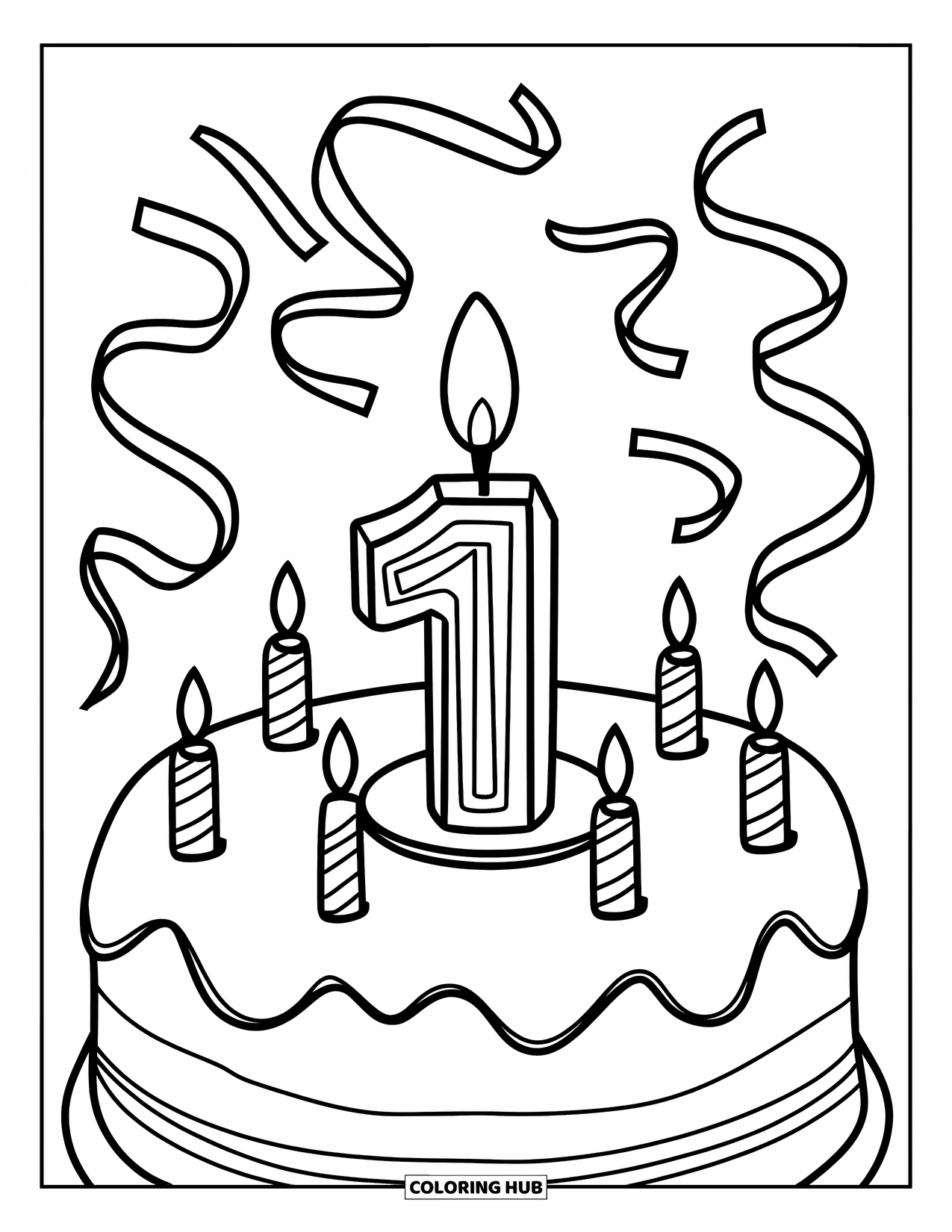 Birthday Cake Coloring Page for Kids: Cake with a "1" candle and streamers adds charm to the party