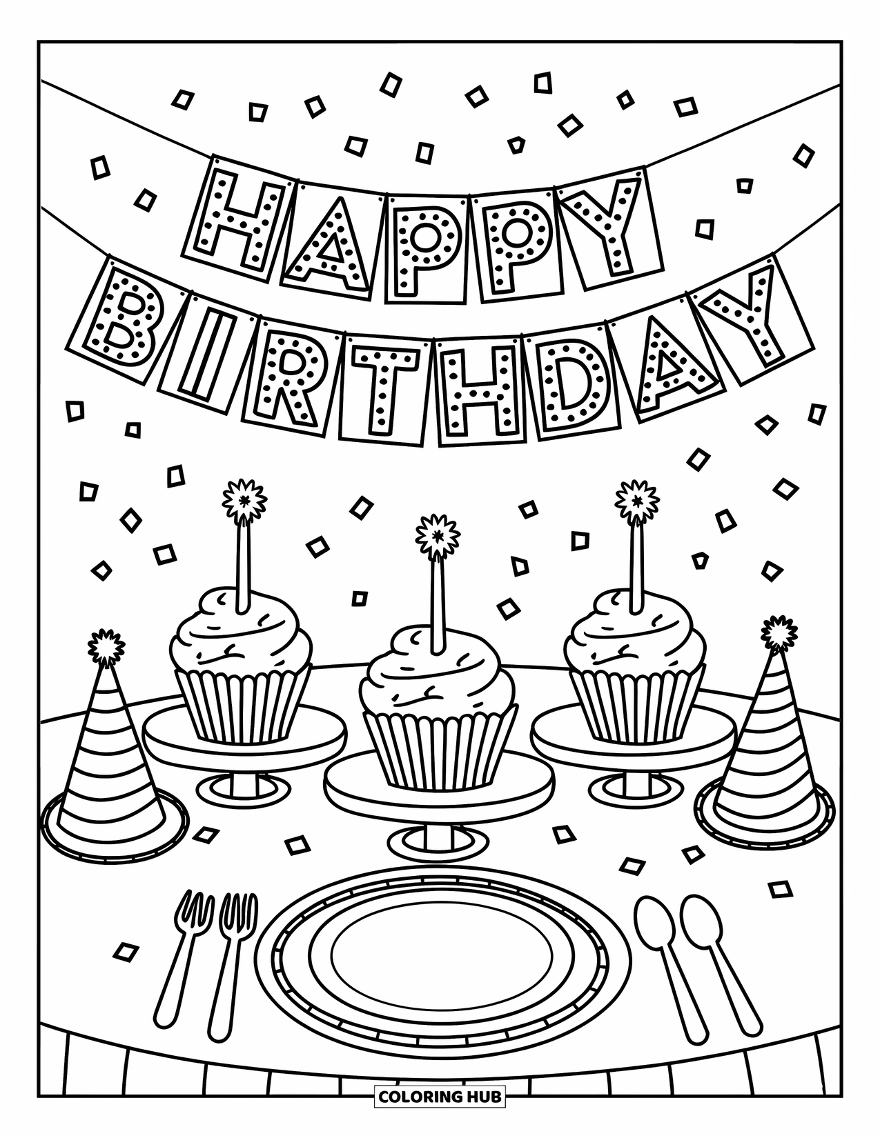 Birthday Cake Coloring Page for Kids: Cupcakes, party hats, and a birthday banner set a cheerful party scene