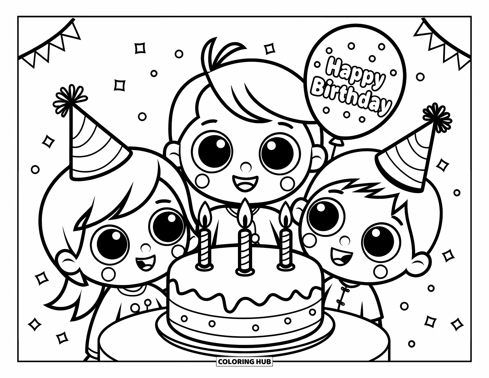 Birthday Cake Coloring Page for Kids: Three excited kids and a "Happy Birthday" balloon surround a candle-topped cake