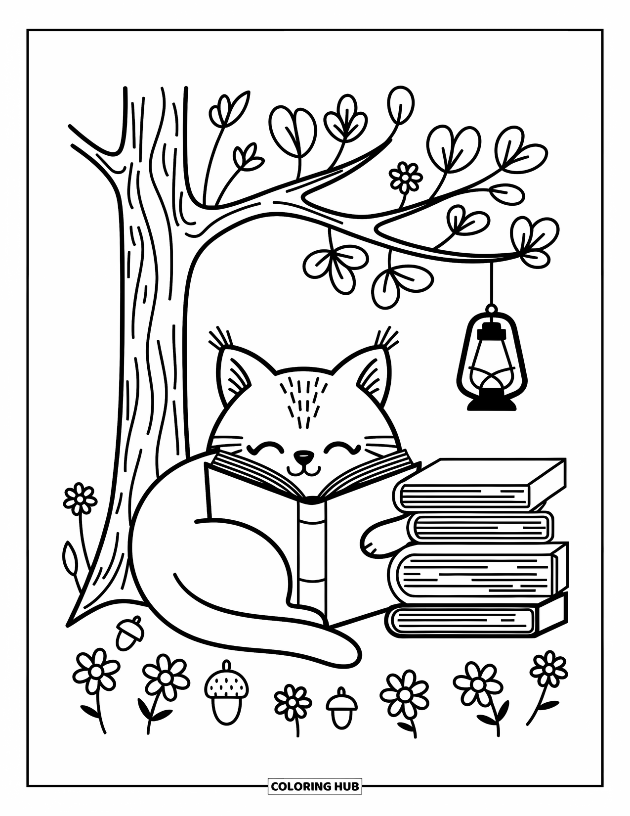 Bobcat Coloring Page for Adults: A bobcat curls up under a tree with books, acorns, and mushrooms