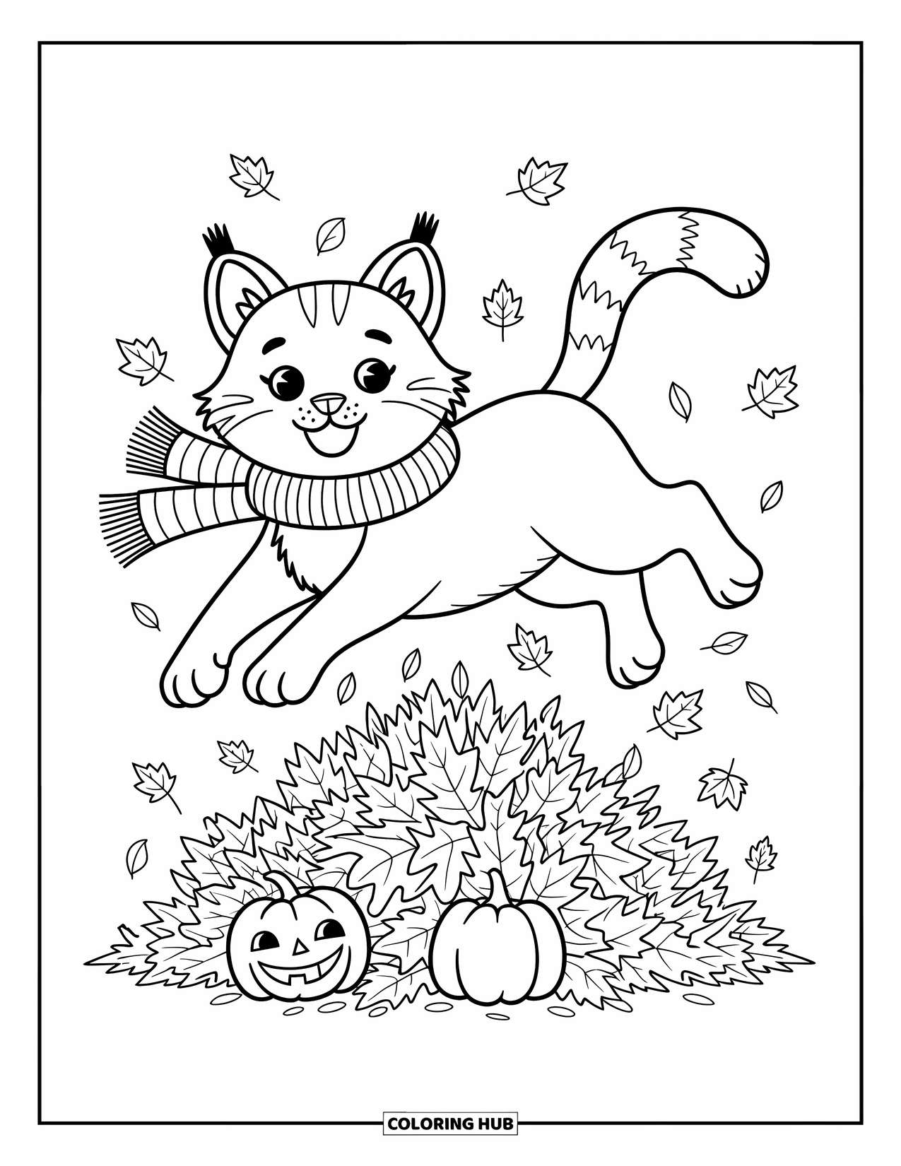 Bobcat Coloring Page for Adults: A bobcat leaps into a big pile of autumn leaves with a scarf and pumpkin