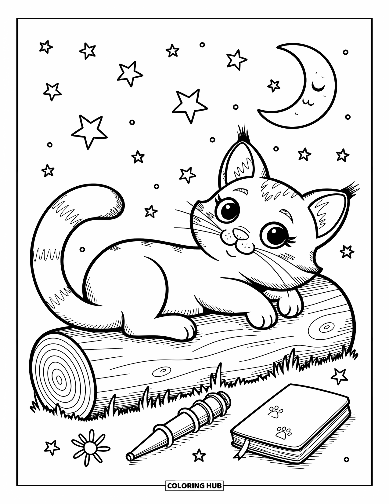 Bobcat Coloring Page for Adults: A bobcat lies under the stars with a journal and a telescope