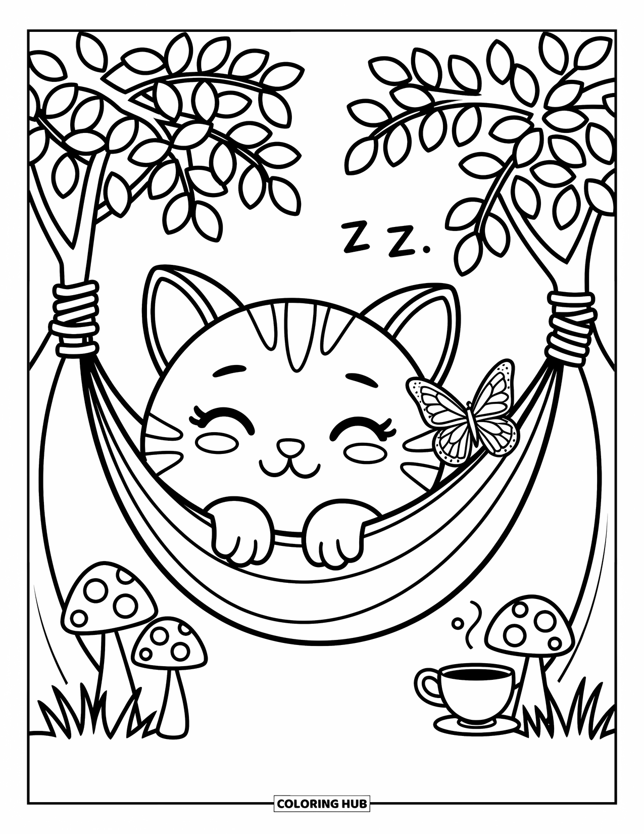 Bobcat Coloring Page for Adults: A bobcat naps in a hammock between trees with a butterfly on its ear