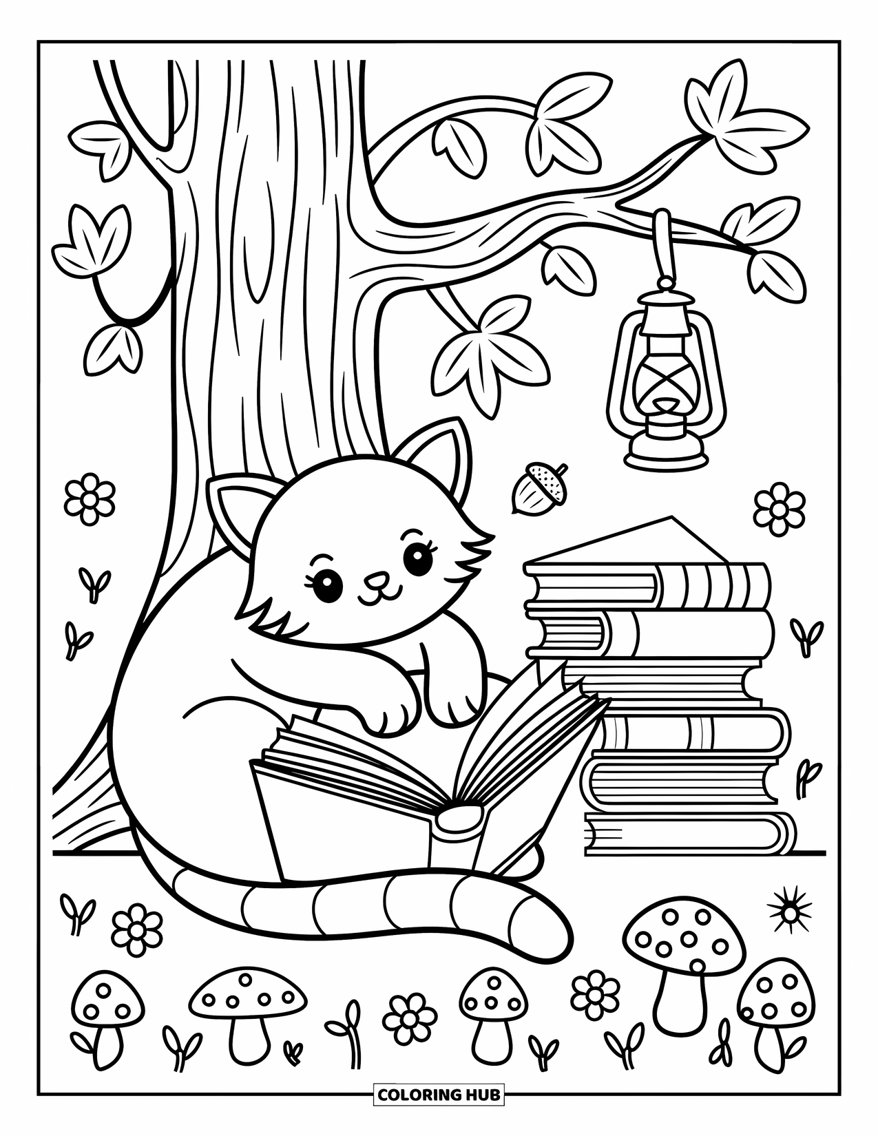 Bobcat Coloring Page for Adults: A bobcat reads a book under an oak tree with a lantern and mushrooms